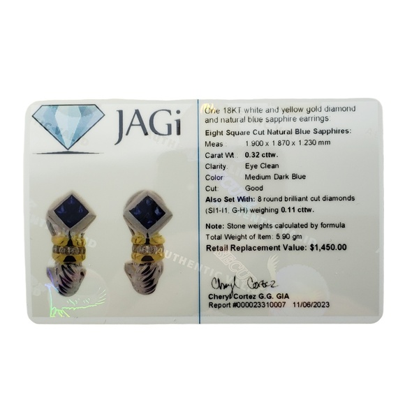 18K Two-Tone Gold Sapphire and Diamond Earrings JAGi Certified #15945 - Picture 8 of 8